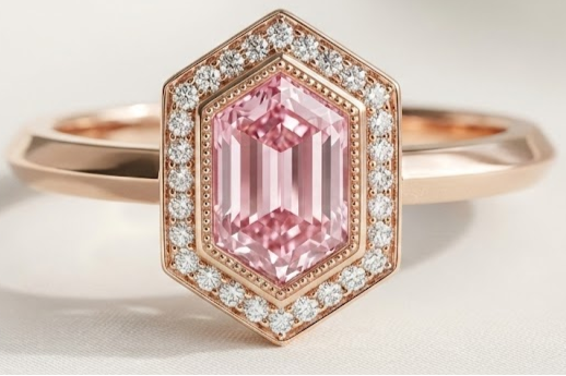 Ring with a pink diamond and rose gold band on a light background