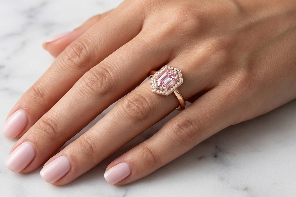 Hand wearing a pink diamond ring on a marble surface