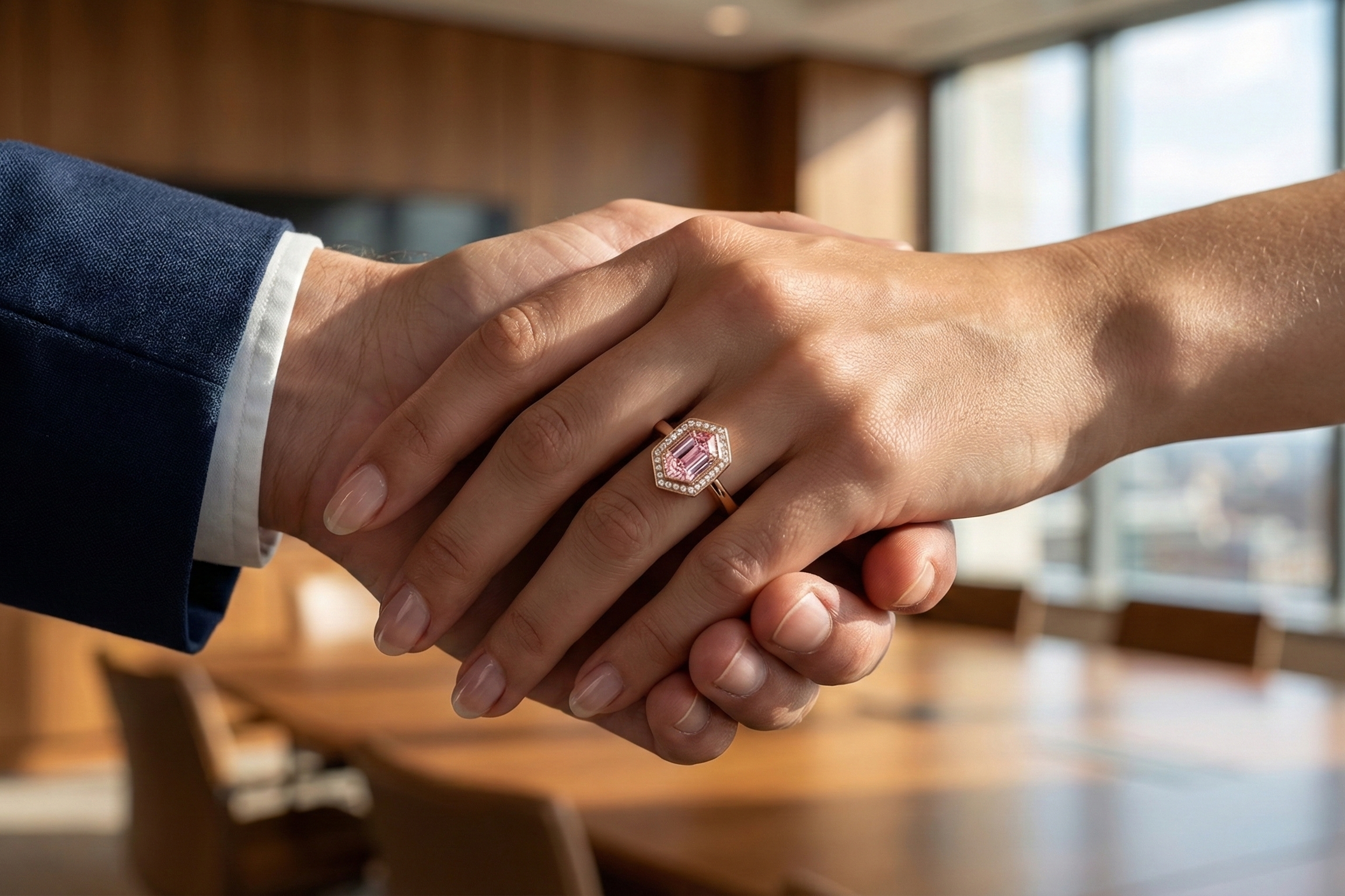 Two hands shaking with a pink ring on a blurred office background