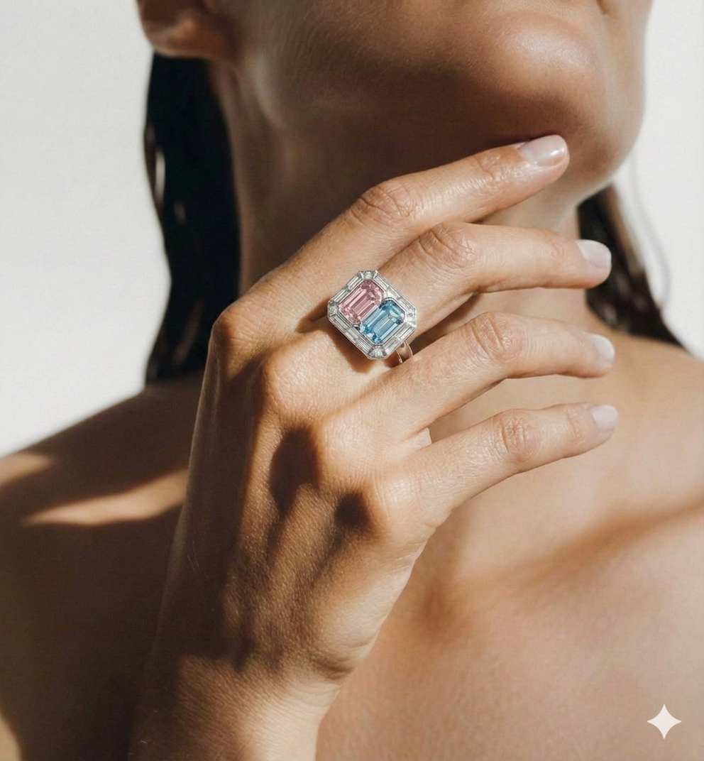 portrait toi et moi of a twin 1ct emerald cut diamonds, fancy blue and fancy pink, bezel setting with baguette halo