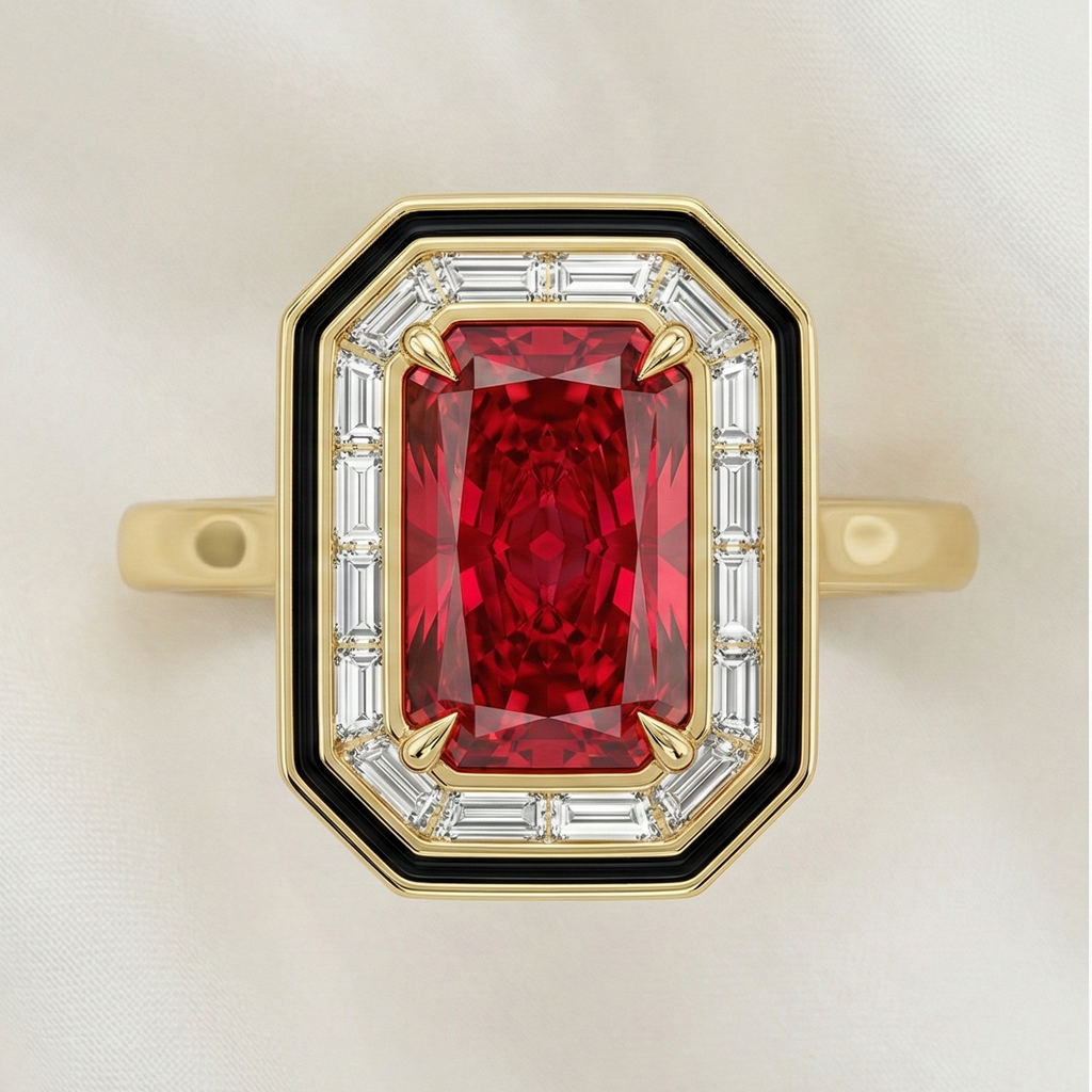 Gold ring with a fancy vivid red diamond and art deco son a white background