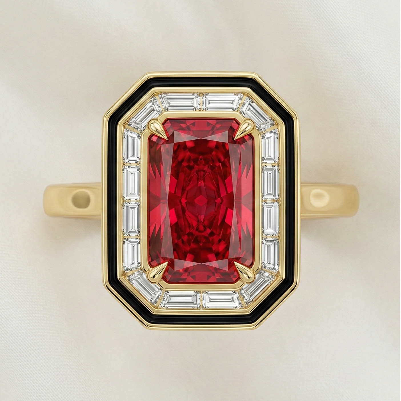 Gold ring with a fancy vivid red diamond and art deco son a white background
