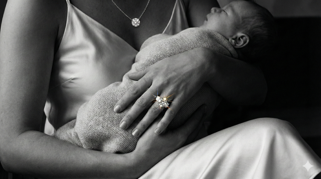 Black and white photo of a woman holding a newborn baby with a diamond ring on her finger.