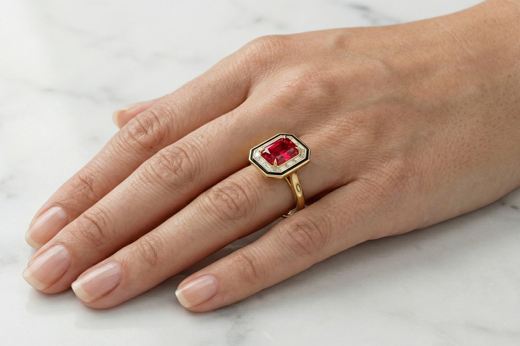 art deco Gold ring with a fancy vivid red radiant cut diamond on a hand against a white marble background