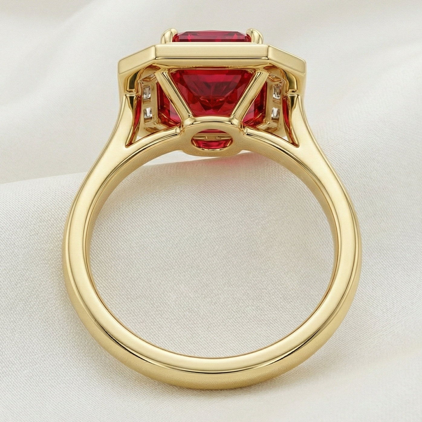 art deco Gold ring with a fancy vivid red diamond with halo on a white background
