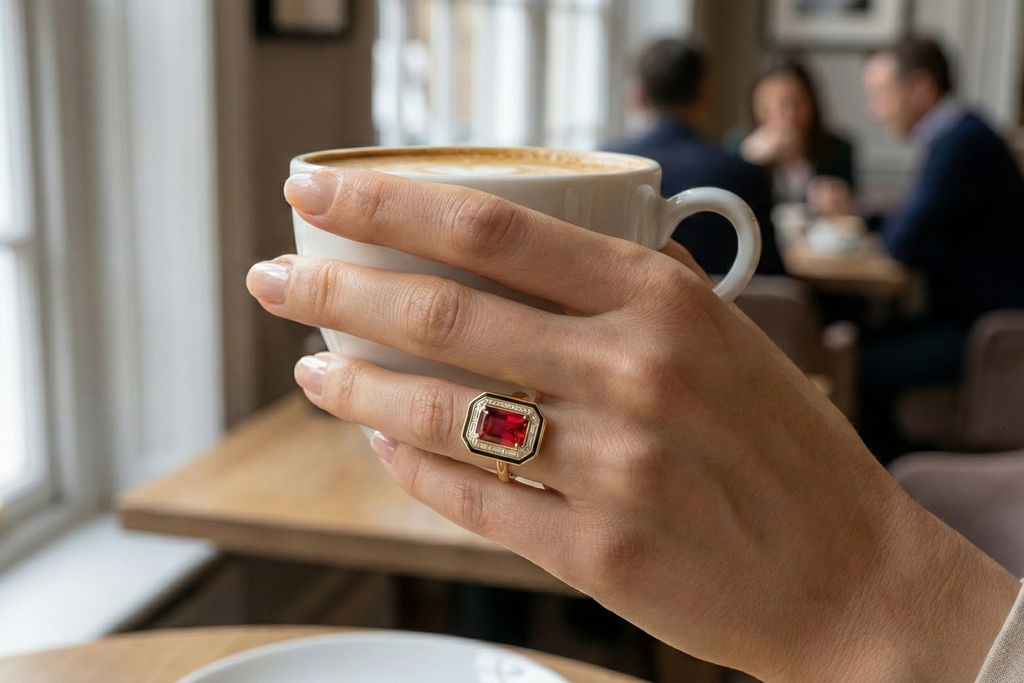 Hand holding a coffee cup with a red diamond gold ring in a casual setting
