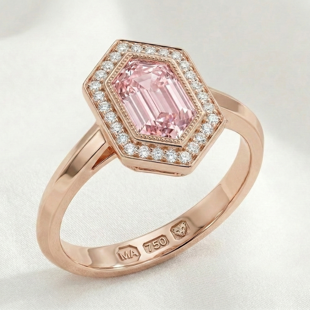 Rose gold ring with a pink diamond accents on a light background