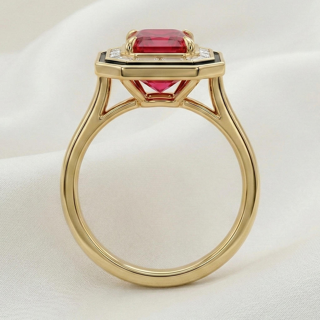 red diamond ring with 18k gold setting and black enamel halo