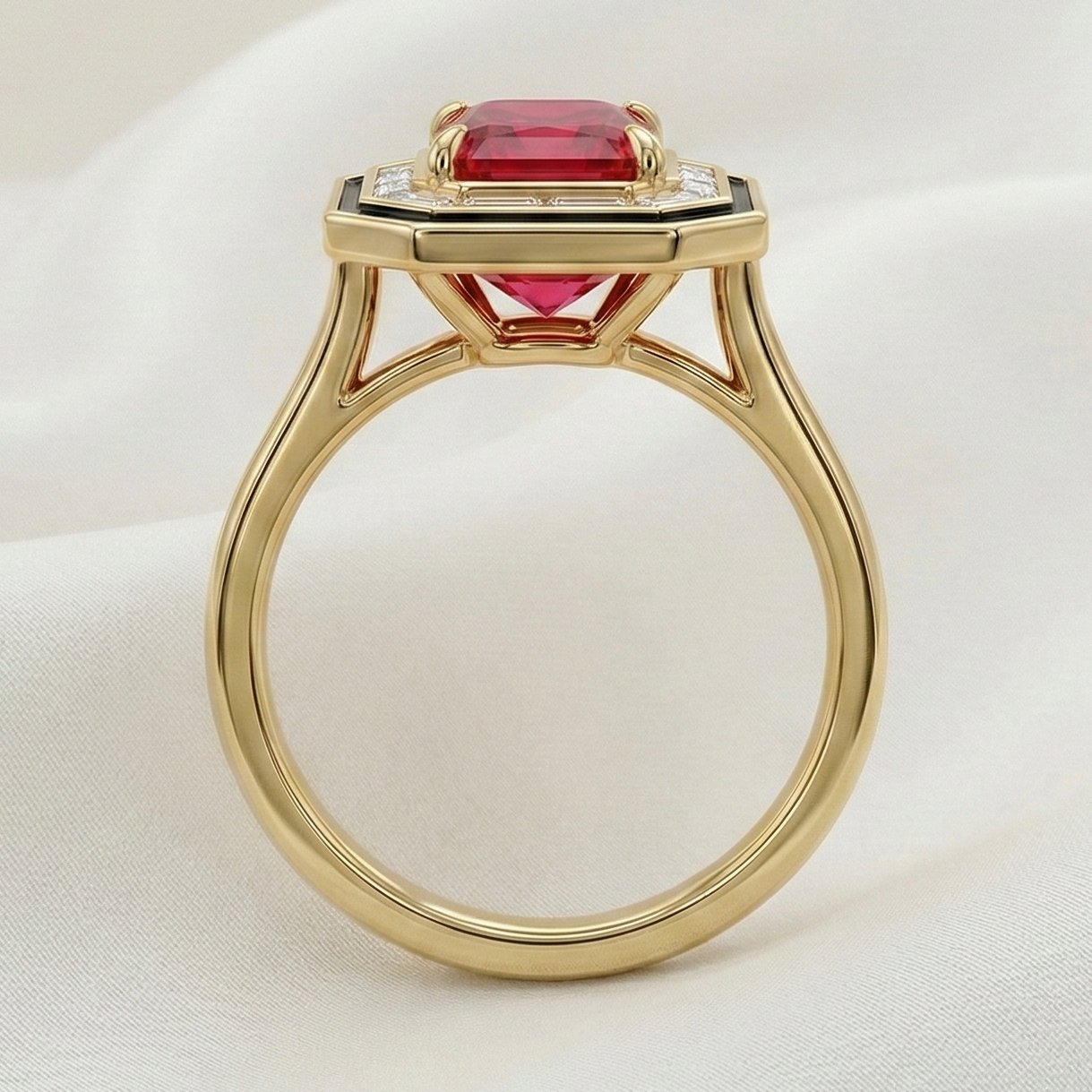 red diamond ring with 18k gold setting and black enamel halo