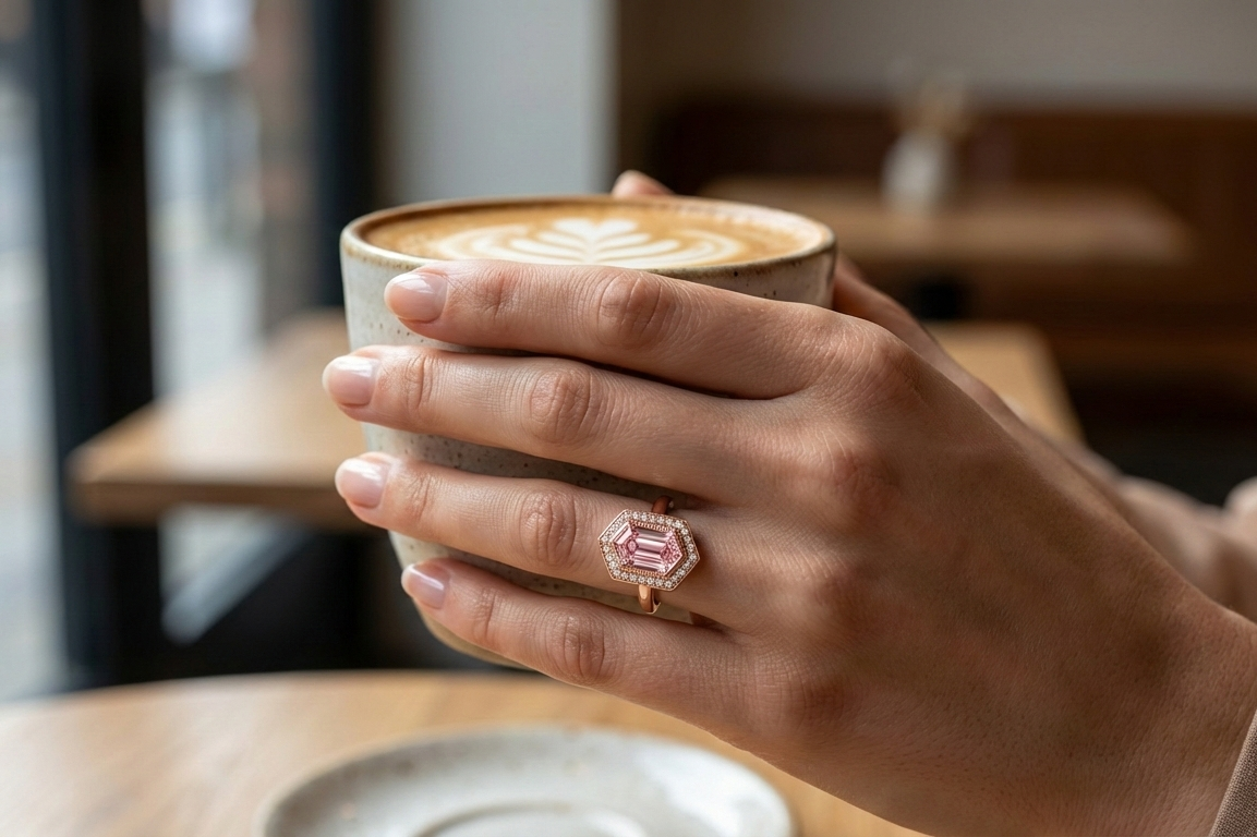 Hand holding a cup of coffee with a pink ring on a blurred cafe background