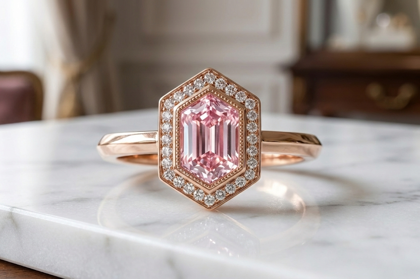 Rose gold ring with a pink diamond on a marble surface