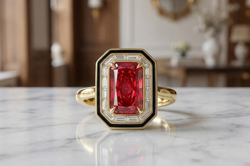 Gold ring with a 1ct fancy vivid red radiant cut diamond and art deco design with halo and bon a marble surface